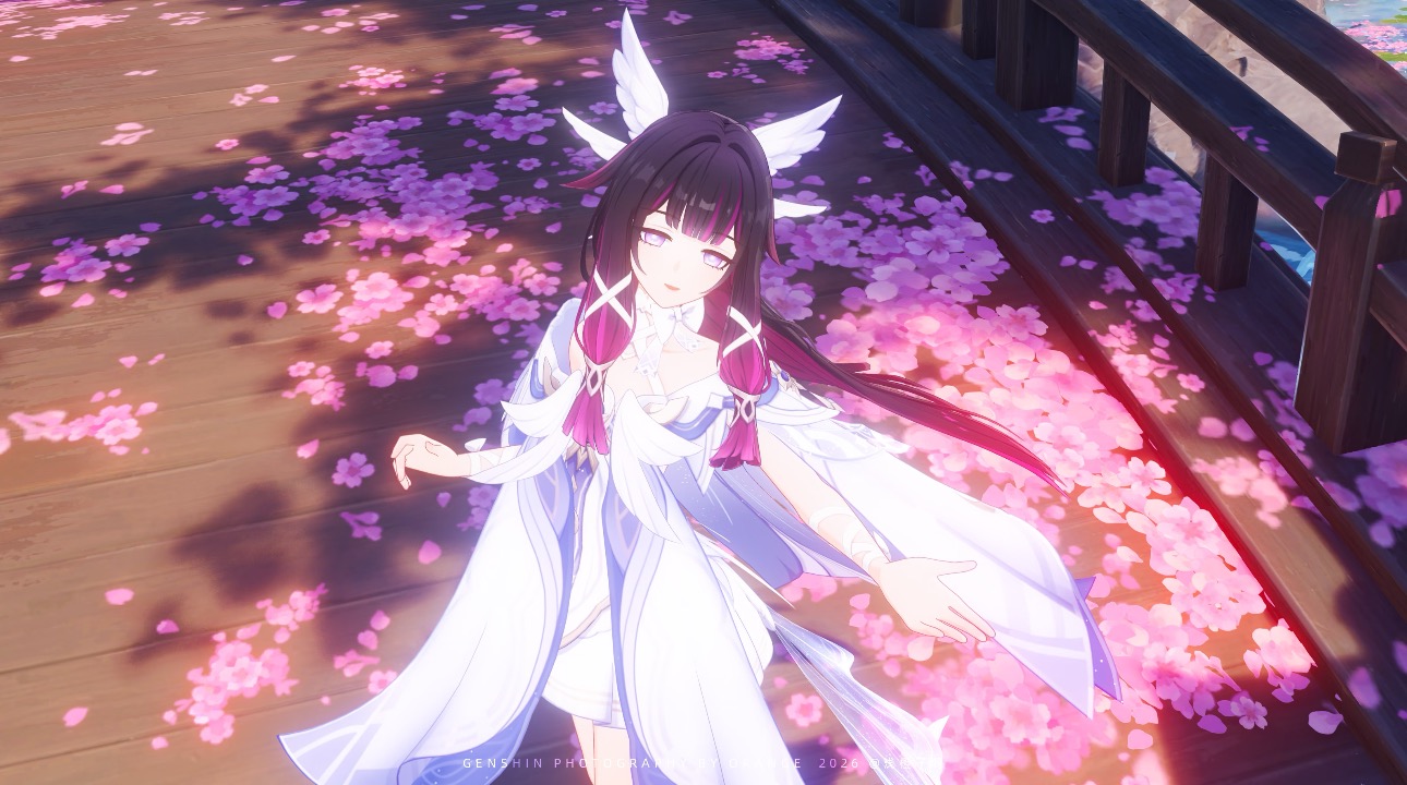 A Genshin Impact character sitting among pink cherry blossoms in Inazuma